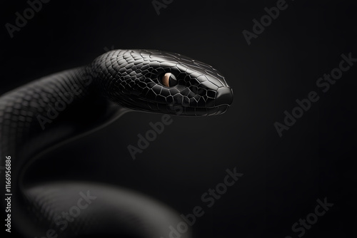 Monochromatic snake with intricate embossed scales, showcasing its sleek form and captivating gaze. dark background enhances its striking features and elegance photo