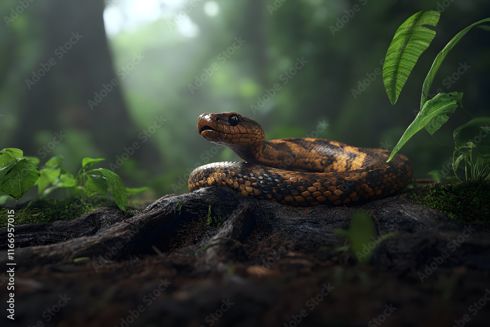 Obraz premium snake resting on tree trunk surrounded by lush greenery, showcasing its vibrant scales and natural habitat. serene atmosphere evokes sense of tranquility in wild