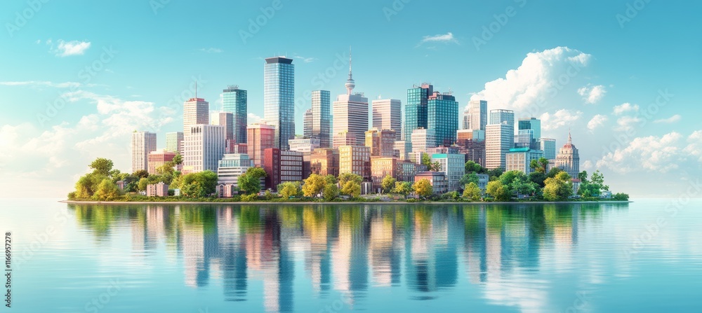 Obraz premium City skyline island surround by water Generative AI technology. 
