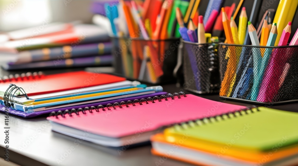 Colorful stationery and notebooks arranged on a desk for study or creativity. Colorful stationery and notebooks arranged on a desk for study or creativity.