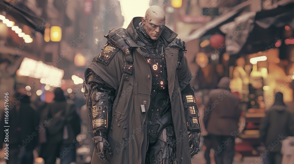 Futuristic Cyberpunk Character with Metallic Enhancements Walking Through Busy Market in 3D Render Digital Artwork Futuristic Cyberpunk Character with Metallic Enhancements Walking Through Busy Market in 3D Render Digital Artwork
