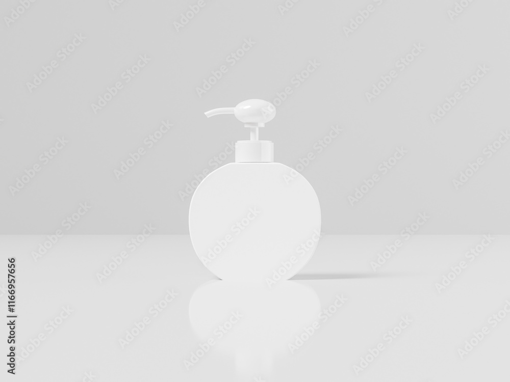 Obraz premium round shape Pump bottle mockup, circle shape liquid dispenser bottle, geometry shape body wash packaging, white plastic lotion container, orbit shape cosmetic dispenser, soap product bottle mockup