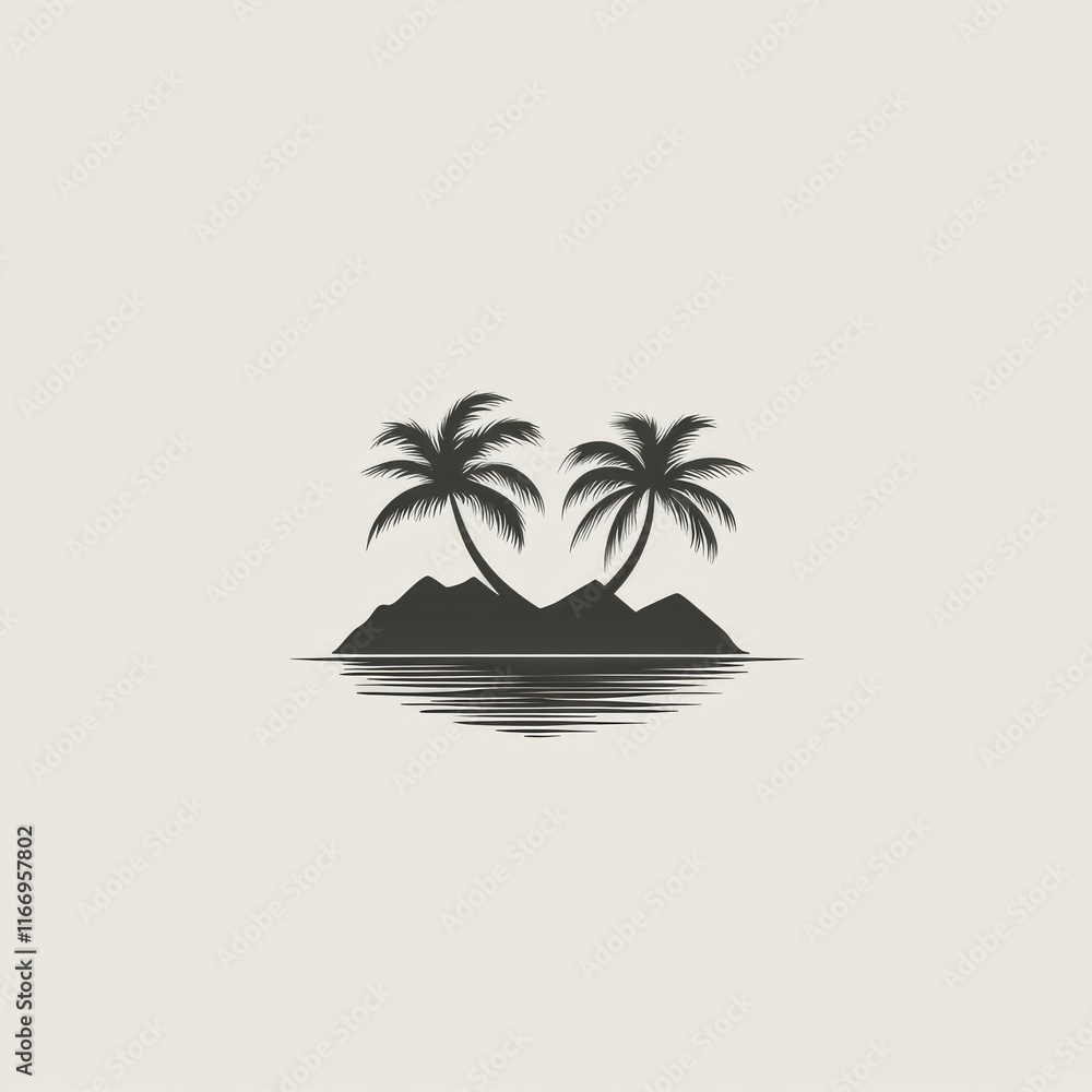 Fototapeta premium Silhouette of two palm trees on a serene island, reflecting on gentle water ripples.