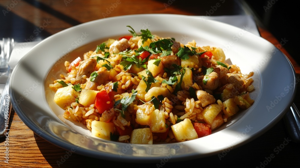 Crispy Fried Rice with Pineapple and Chicken Plated Elegantly Crispy Fried Rice with Pineapple and Chicken Plated Elegantly