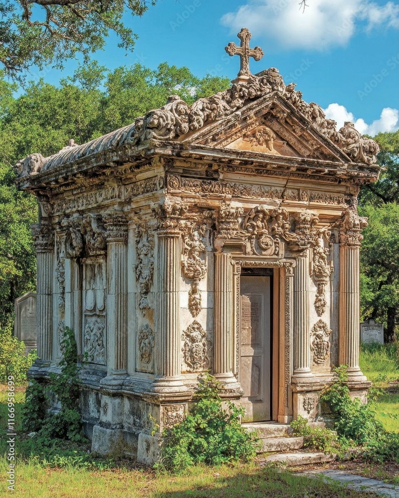 Fototapeta premium An ornate mausoleum surrounded by greenery and trees.