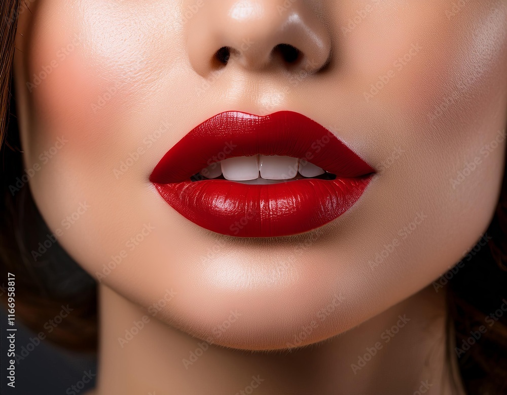 woman's lips close up with flawlessly applied red lipstick, showcasing their smooth, vibrant texture against a neutral background, creating a striking, beauty-focused composition woman's lips close up with flawlessly applied red lipstick, showcasing their smooth, vibrant texture against a neutral background, creating a striking, beauty-focused composition