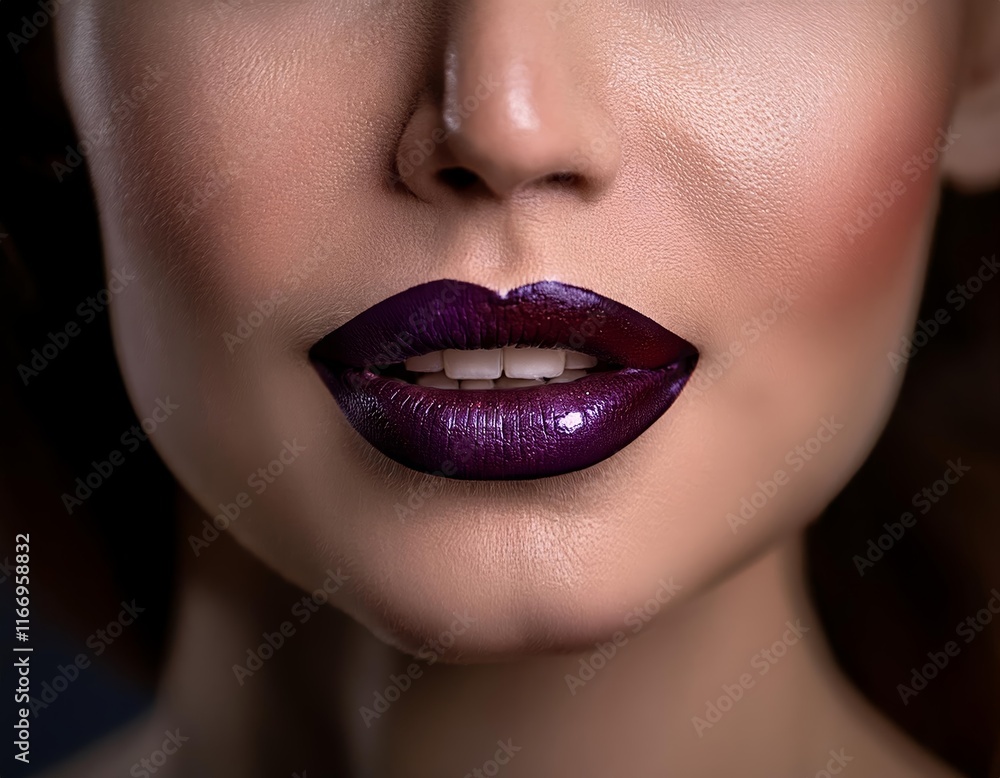 Fototapeta premium Woman with purple lipstick. She has a smile on her face. Her lips are full and shiny