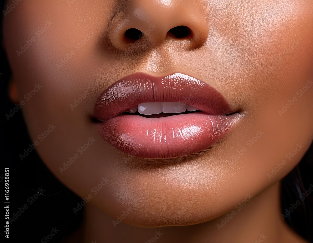Obraz premium Woman's lips are painted red. She is smiling. The lips are very full