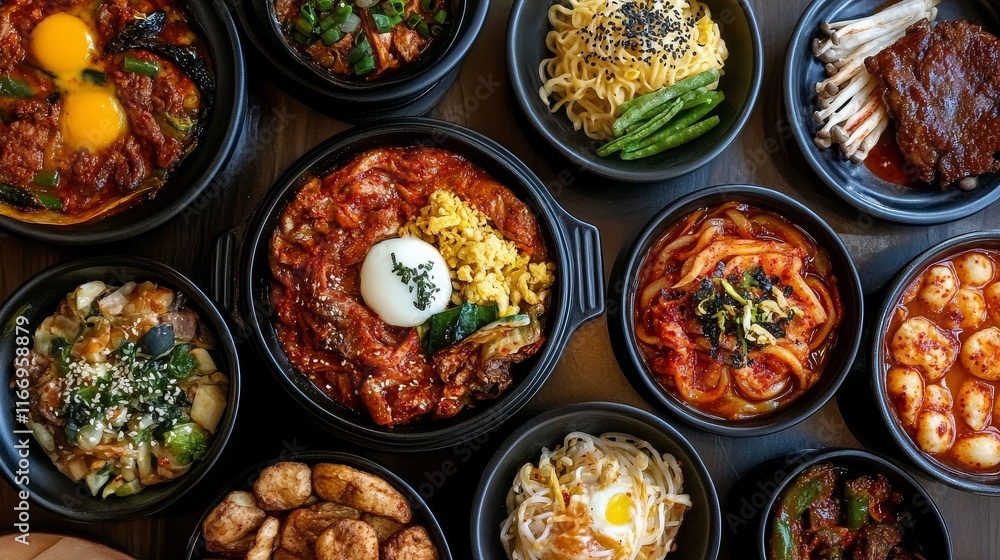 A variety of traditional Korean meals, showcasing rich flavors. A variety of traditional Korean meals, showcasing rich flavors.