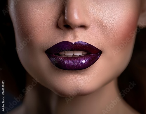 Woman with purple lipstick. She has a smile on her face. Her lips are full and shiny