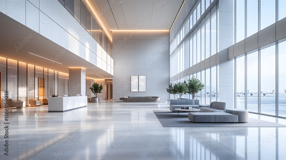 Fototapeta premium Elegant 3D-rendered business hall with a large open space and airport-inspired interior features