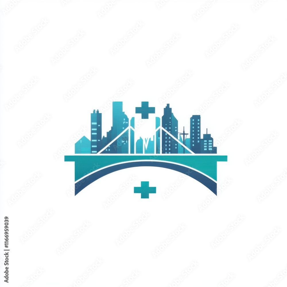 Obraz premium A stylized urban skyline with a bridge, symbolizing healthcare and community support.