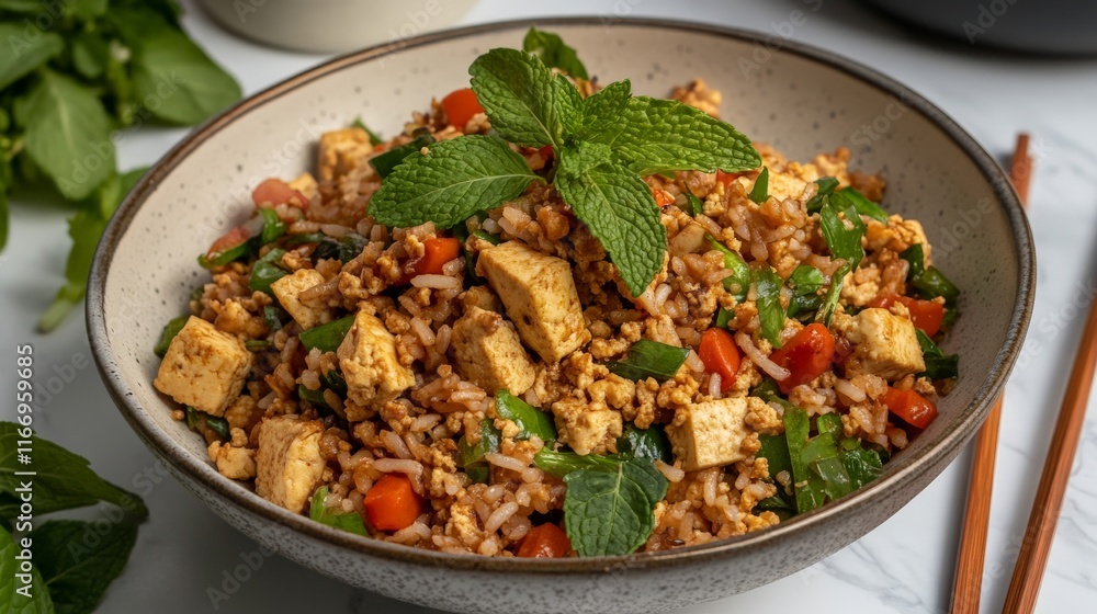 Delicious Fried Rice with Egg and Tofu in Modern Setting Delicious Fried Rice with Egg and Tofu in Modern Setting
