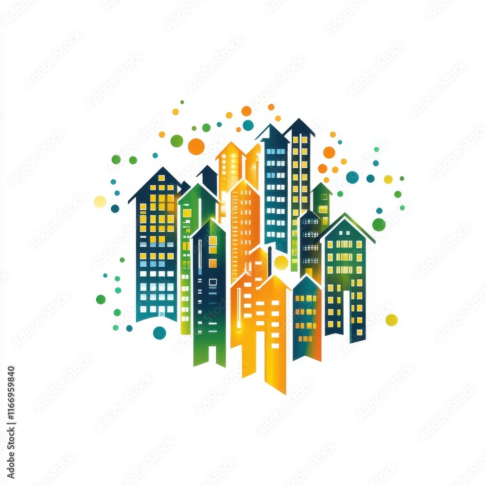 Naklejka premium Colorful city skyline illustration with stylized buildings and vibrant dots in green, yellow, and blue tones.