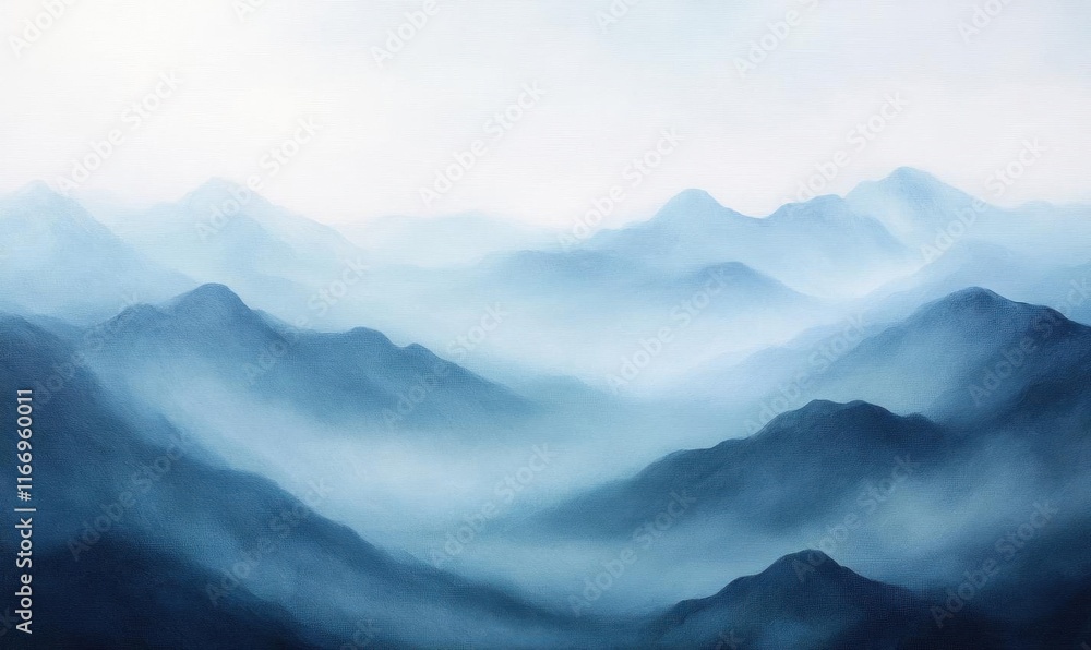Serene mountain landscape with soft blue hues and misty atmosphere. Serene mountain landscape with soft blue hues and misty atmosphere.