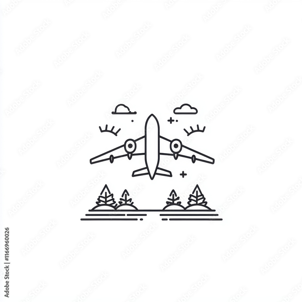 Minimalist illustration of an airplane taking off above trees and a cloudy sky. Minimalist illustration of an airplane taking off above trees and a cloudy sky.