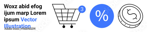 Shopping cart with three notifications, percentage symbol in blue circle, and coin. Ideal for online shopping, e-commerce, discounts, promotions, sales, financial services, and digital marketing