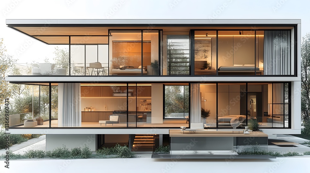 Futuristic isometric 3D render of a tiny loft-style house with sleek design elements on a white background Futuristic isometric 3D render of a tiny loft-style house with sleek design elements on a white background