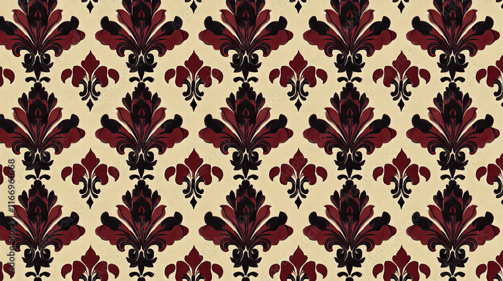 Ornamental heraldic fleur-de-lis seamless pattern with lush compositions of beige curly leaves on maroon background. Vintage wallpaper or upholstery design Ornamental heraldic fleur-de-lis seamless pattern with lush compositions of beige curly leaves on maroon background. Vintage wallpaper or upholstery design