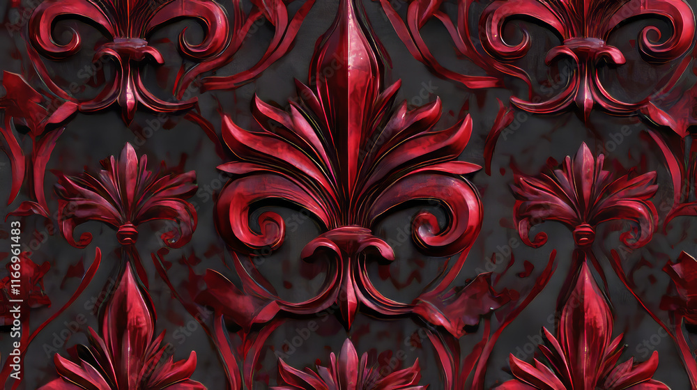 Ornamental heraldic fleur-de-lis seamless pattern with lush compositions of beige curly leaves on maroon background. Vintage wallpaper or upholstery design Ornamental heraldic fleur-de-lis seamless pattern with lush compositions of beige curly leaves on maroon background. Vintage wallpaper or upholstery design