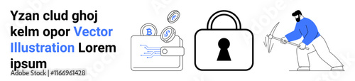 Digital wallet with cryptocurrency coins, large lock symbolizing cybersecurity, person mining with a pickaxe. Ideal for financial security, blockchain technology, cryptocurrency transactions, data