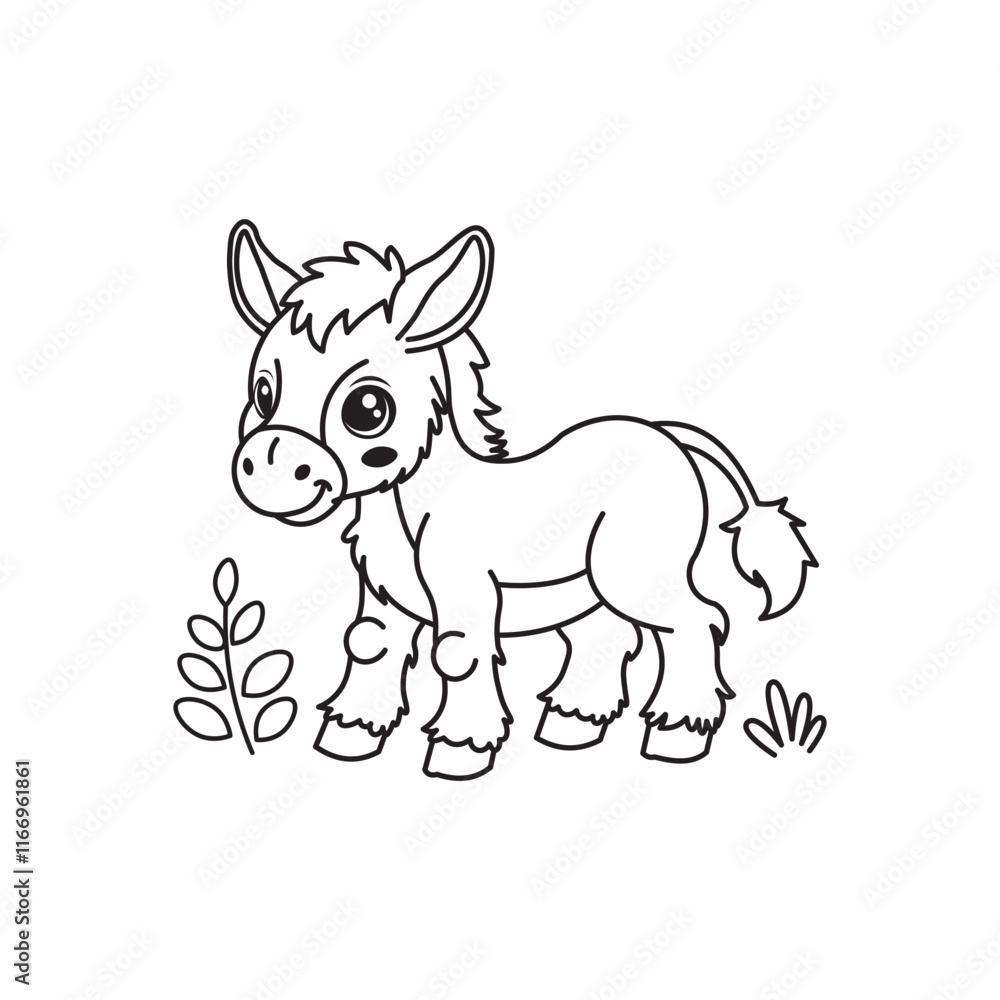Fototapeta premium illustration of Black And White Coloring Book With Bold Lines, Cute Animal Donkey