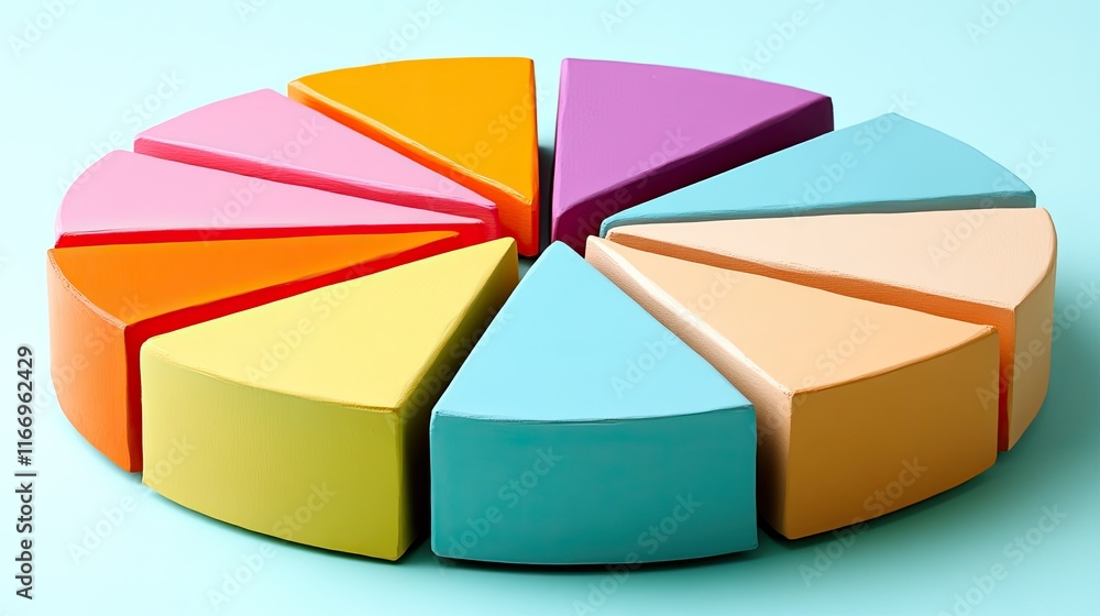 Fototapeta premium Colorful, segmented pie chart with 10 sections on blue background.