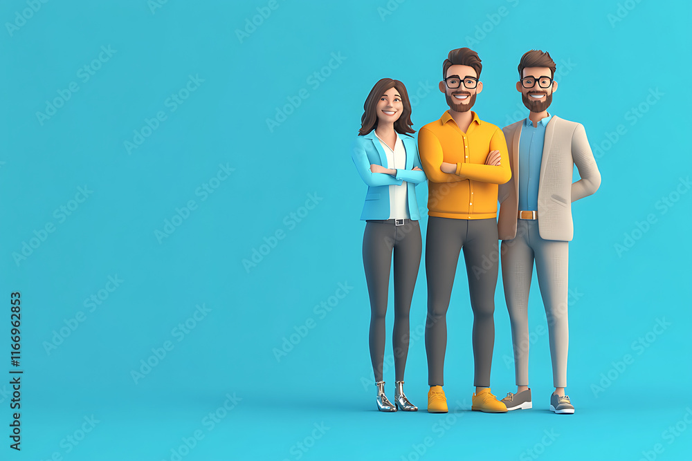 Fototapeta premium Three stylized characters standing together against a blue background.