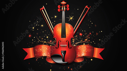 Classic music isolated icon of violin with bows, framed by ribbon banner and stars. Musical concert, festival, art themes design photo