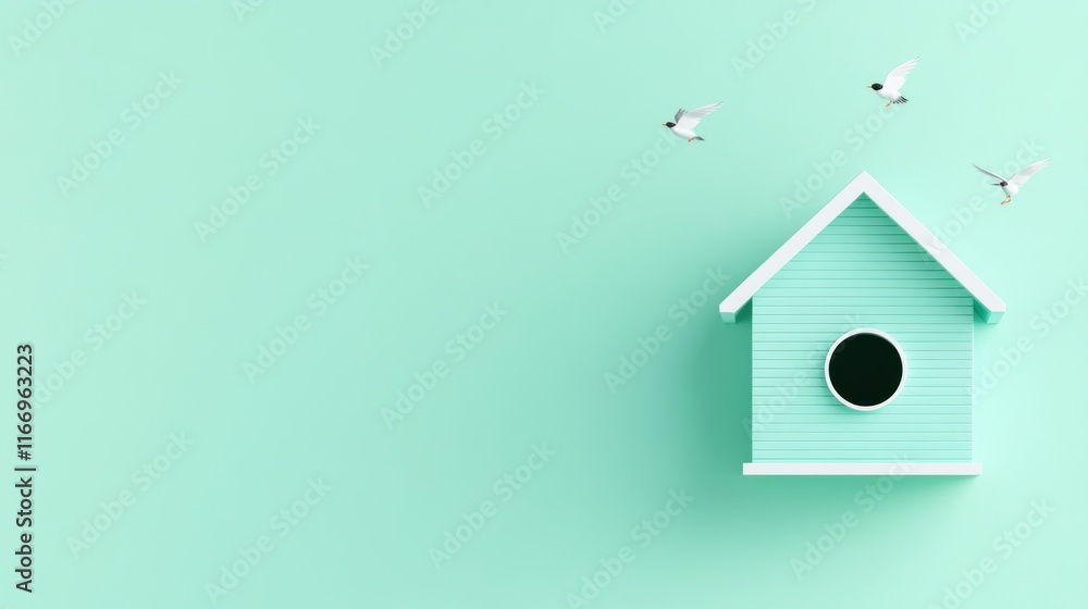 A mint-green birdhouse with flying birds against a soft background. A mint-green birdhouse with flying birds against a soft background.
