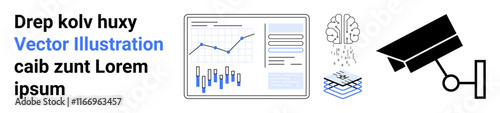 Business data analytics chart, brain with neural connections, stacked documents, graduation cap, and security camera. Ideal for business intelligence, data science, AI, machine learning, education