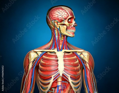 Medical Education Chart of Biology for Human Body Organ System Diagram. human skeleton, details of structure and body constitution. Anatomy muscles, organs, bones, circulatory system photo