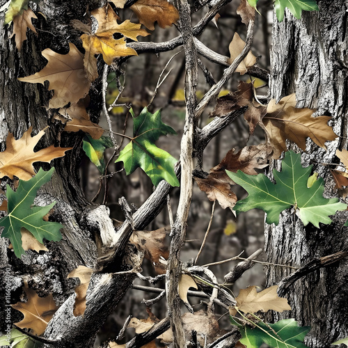 Photorealistic Camouflage Pattern Featuring Oak Branches and Foliage