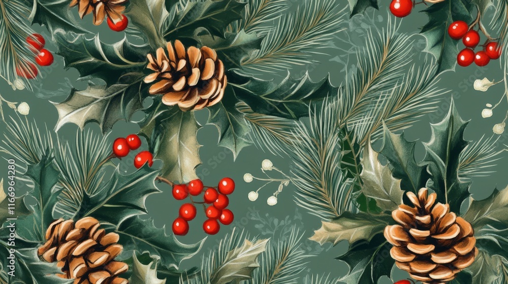 Beautiful seamless pattern featuring Christmas mistletoe, holly, and pine cones Beautiful seamless pattern featuring Christmas mistletoe, holly, and pine cones