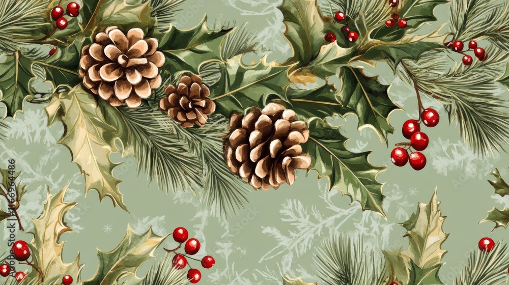 Obraz premium Festive seamless pattern of mistletoe, holly, and pine cones for the holidays