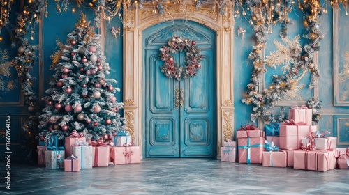 Wallpaper Mural Backdrop digital photography, Christmas door, pink and blue themed entrance. Tree and gifts. Rococo colors. Torontodigital.ca