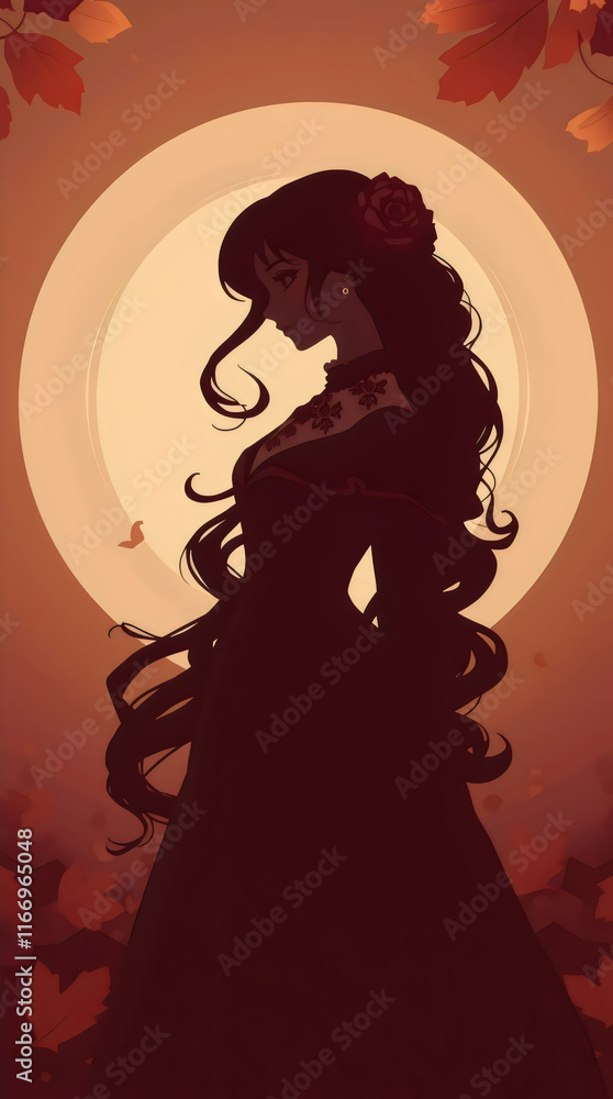 Fototapeta premium girl with long dark curls and an elegant lace gown