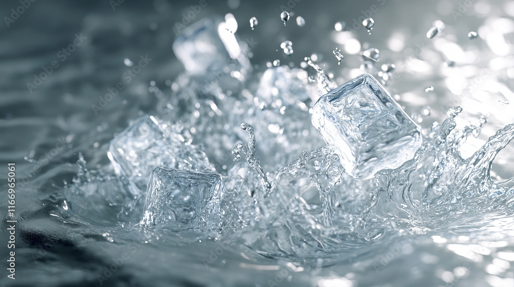 Frozen ice cubes in water splashes. Icecubes in cool liquid, fresh soda beverage, water or refreshing cocktail realistic vector splash ripples. Cold aqua twirl with ice cube 3d backdrop or background Frozen ice cubes in water splashes. Icecubes in cool liquid, fresh soda beverage, water or refreshing cocktail realistic vector splash ripples. Cold aqua twirl with ice cube 3d backdrop or background