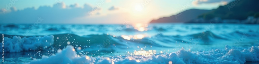 Soft focus seascape, vibrant blue tones, sparkling bokeh, design, relaxing, background Soft focus seascape, vibrant blue tones, sparkling bokeh, design, relaxing, background