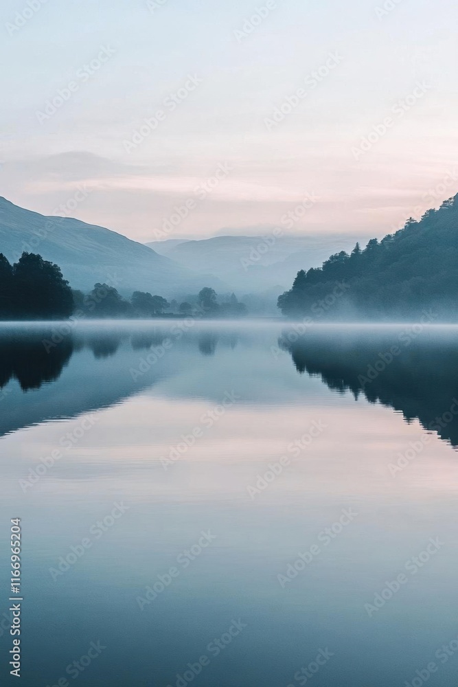 Serene lake view at dawn with mist and reflections of surrounding hills. Serene lake view at dawn with mist and reflections of surrounding hills.