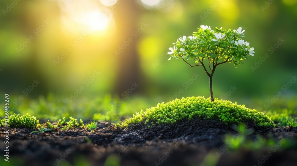 Sunrise illuminates a small flowering tree growing on a mound of moss. Sunrise illuminates a small flowering tree growing on a mound of moss.