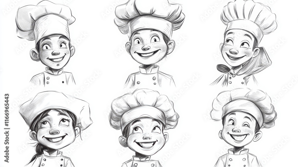Set of six different black and white doodle sketch chef or cooks heads with smiling faces wearing the traditional white toque or hat Set of six different black and white doodle sketch chef or cooks heads with smiling faces wearing the traditional white toque or hat