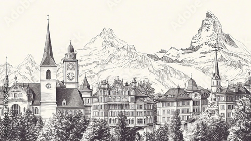 Historic architecture buildings of Switzerland. Detailed icons of Federal Palace, Matterhorn, Chillon Castle, Grossmunster. Swiss showplaces and landmark symbols for souvenirs, postcards photo