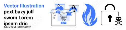 Online shopping cart with people interacting, digital shopping elements, cart icon, firewall symbol, and locked padlock with a skull. Ideal for e-commerce, cybersecurity, online transactions, safety