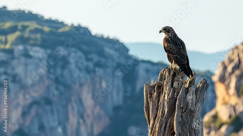 A Black Kite perched on a dead tree against the backdrop of Monfrage's rugged cliffs and expansive skies. photo