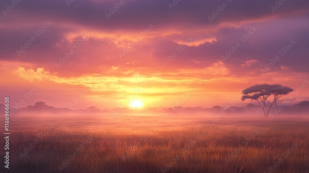 A breathtaking view of the Serengeti at sunrise, with soft mist lingering over the grassy plains under a vibrant sky. A breathtaking view of the Serengeti at sunrise, with soft mist lingering over the grassy plains under a vibrant sky.