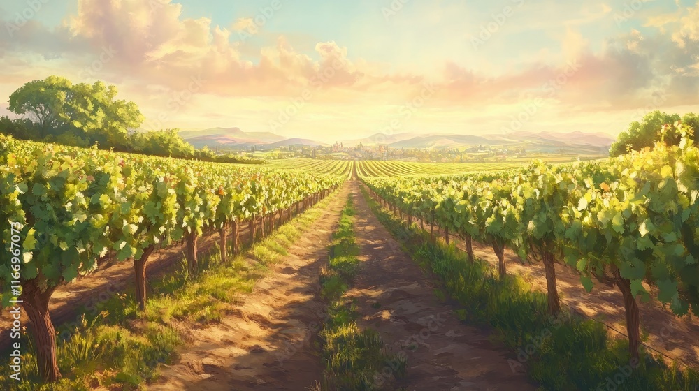 Fototapeta premium A charming vineyard with rows of grapevines stretching out to the horizon, bathed in soft sunlight, creating an idyllic backdrop for a wine-tasting experience.