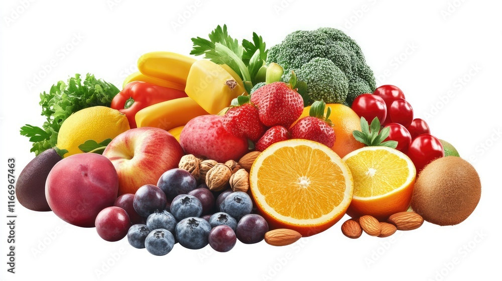 A clean white background with a paper bag overflowing with healthy fruits, vegetables, and nuts, with space for a text banner promoting a balanced diet. A clean white background with a paper bag overflowing with healthy fruits, vegetables, and nuts, with space for a text banner promoting a balanced diet.