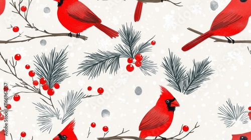 Winter birds pattern with red cardinals and pine branches creating a festive design