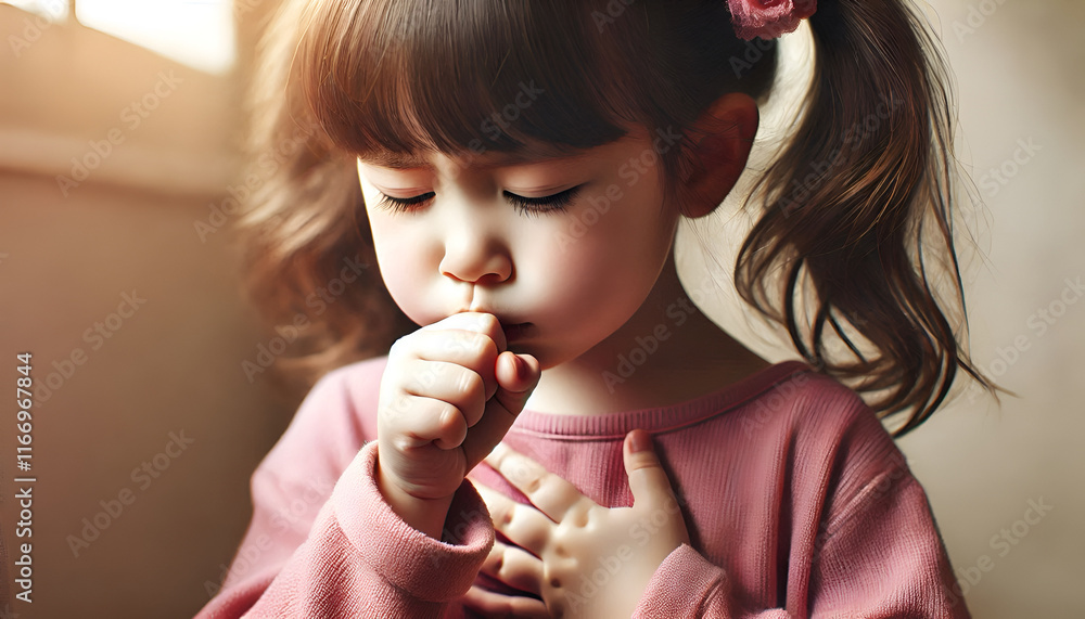 An Asian young girl coughing with a concerned expression An Asian young girl coughing with a concerned expression